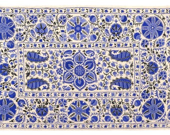 Handmade White Suzani with Blue Embroidery – Uzbek Fabric, Minimalist Ethnic Home Accent