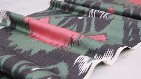 Handwoven Ikat Fabric: Green Silk Cotton, Designer Textile