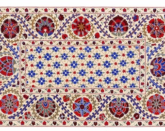 Large Blue Suzani Embroidery – Chamomile Floral Uzbek Fabric 220 x 142 cm Bohemian Home Decor