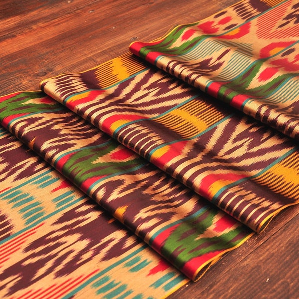 Handloom Silk Cotton Ikat Fabric, Colorful Uzbek Textile