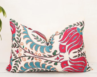 Handmade Floral Suzani Pillow Cover, Embroidered Lumbar Cushion