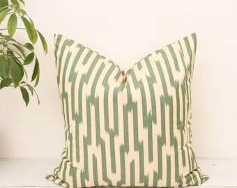 Organic Cotton Ikat Pillow Cover, Green Striped Cushion, Handmade