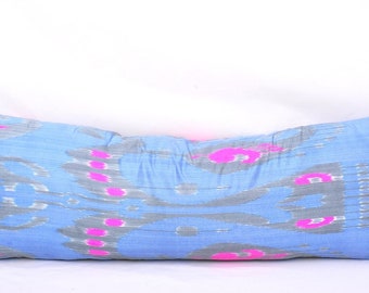 Dark Blue Long Body Pillow, Silk Body Pillow Covers, Decorative pillow, Extra Long Lumbar Pillow, Ikat cushion, Ikat Elegance Pillow