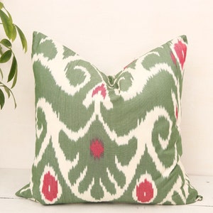 Green Decor Ikat Cushion, Green Throw Pillow, Designer Pillow, Ikat Pillow Cover, Accent Pillow, Cushion Cover, Square Pillow, Sofa Pillow