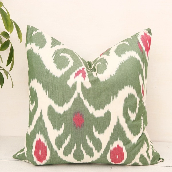 Green Decor Ikat Cushion, Green Throw Pillow, Designer Pillow, Ikat Pillow Cover, Accent Pillow, Cushion Cover, Square Pillow, Sofa Pillow