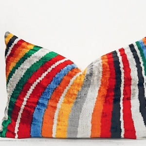Rainbow Color Velvet Ikat Silk Pillow, Multicolor Uzbek Pattern Pillow, Uzbek Handwoven Velvet Pillow, Pillowcase, Handmade Handwoven Velvet