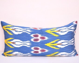 Dark Blue Long Body Pillow, Silk Body Pillow Covers, Decorative pillow, Extra Long Lumbar Pillow, Ikat cushion, Ikat Elegance Pillow