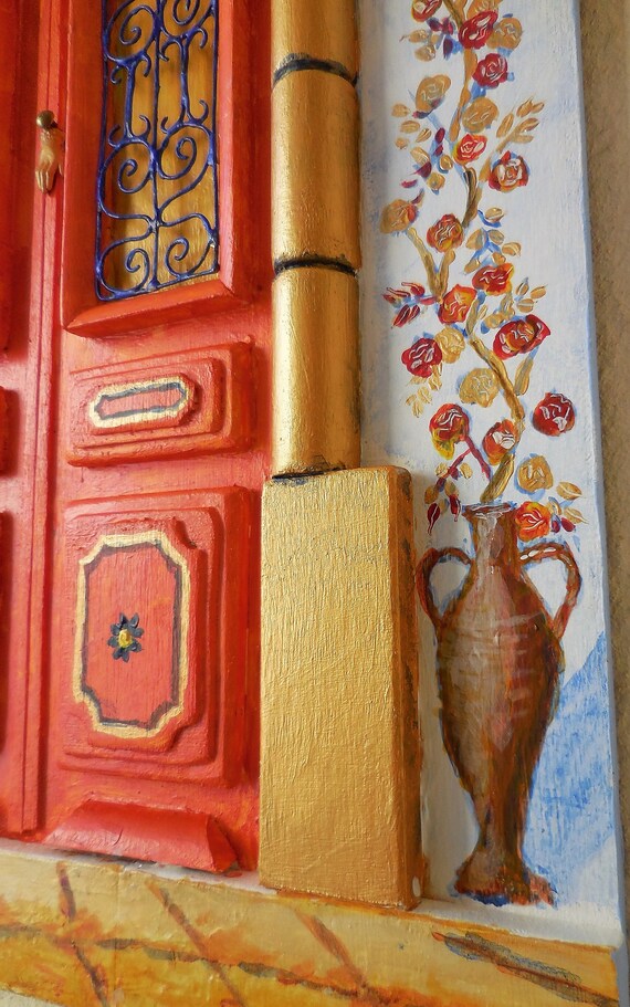 Traditional Mediterranean Greek Front Door Acrylic On Wood 35 Cm X45 Cm 3d Painting