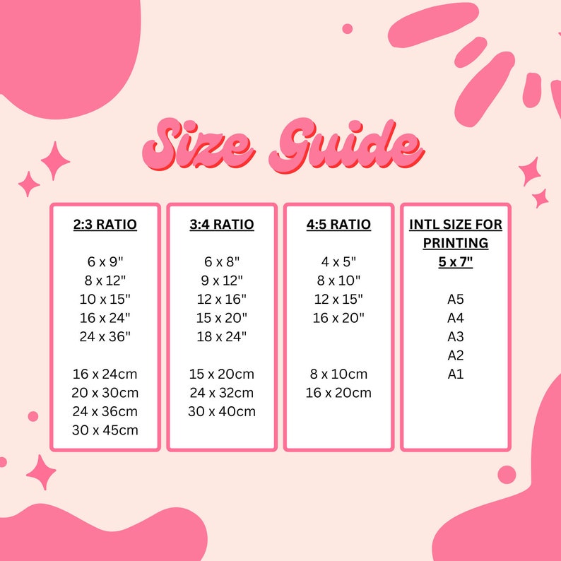 K&ouml;nnte beinhalten: Eine rosa und wei&szlig;e Grafik mit dem Text "Gr&ouml;&szlig;en&uuml;bersicht" in rosa, fett gedruckt. Die Grafik zeigt eine Tabelle mit verschiedenen Gr&ouml;&szlig;enverh&auml;ltnissen f&uuml;r den Druck, darunter 2:3, 3:4 und 4:5. Die Tabelle enth&auml;lt auch internationale Papierformate f&uuml;r den Druck, wie z. B. A5, A4, A3, A2 und A1. Die Tabelle listet die Ma&szlig;e in Zoll und Zentimetern auf.
