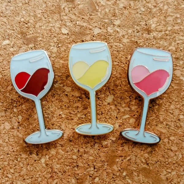 Soft enamel pins Cute heart-shaped wine glass/goblet/chalice with pink/rose, white/champagne or red swirling wine lapel/brooch/badge.