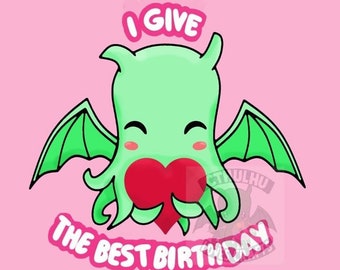 Digital Downloadable File Cute Cthulhu Birthday Card, with heart Nerdy Greetings Card H.P. Lovecraft Mythos/Call of Cthulhu
