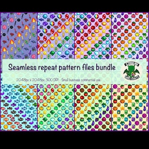 Könnte beinhalten: Ein digitales Bündel aus acht nahtlosen Mustern mit Pixel-Art-Symbolen von Fantasy-Gegenständen, Obst, Gemüse und Kreaturen. Der Text lautet Seamless repeat pattern files bundle, 2048px x 2048px 300 DPI und Cthulhu Loves Crafts.