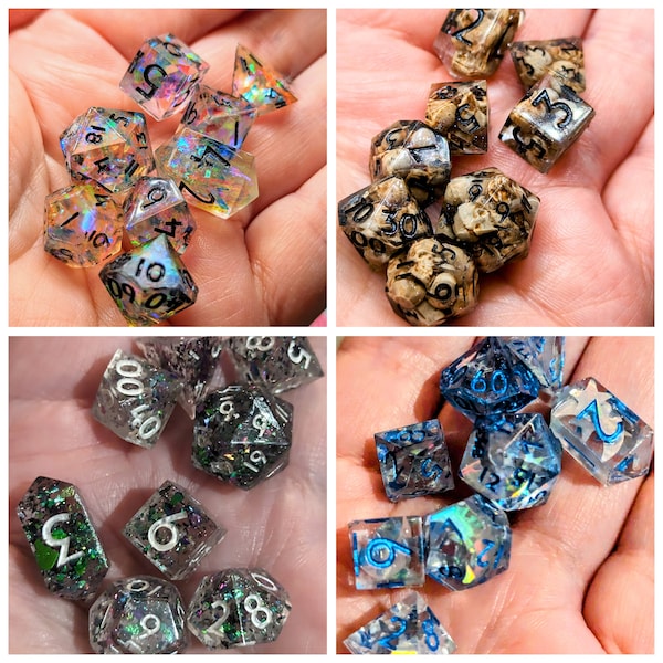 Mini handmade 8 pcs polyhedral dice set for DND, Role Playing Games comes in Pile of skulls, Glitter, Moons & Stars or Rainbow sparkle.