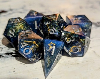 Falling Stars Constellation 7 pcs Polyhedral Resin Dice Set, Dungeons and Dragons, Handmade Dice, D20, DND, D6, Sharp edge dice (shard D4)