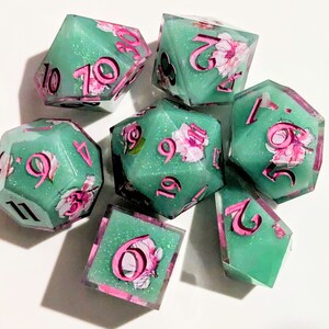 Sanura - Cherry Blossoms Mint green or purple / Pink Sakura 7 pcs Polyhedral Resin Dice Set, D&D, Handmade Dice, Sharp edge dice/shard D4.