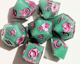 Sanura - Cherry Blossoms Mint green or purple / Pink Sakura 7 pcs Polyhedral Resin Dice Set, D&D, Handmade Dice, Sharp edge dice/shard D4.