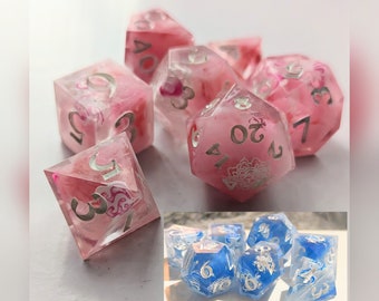 Rosrarr (Pink) or Azure (Blue) Dragon 7 pcs Polyhedral Resin Dice Set, Dungeons and Dragons D&D, Handmade RPG Sharp edge dice (shard D4)