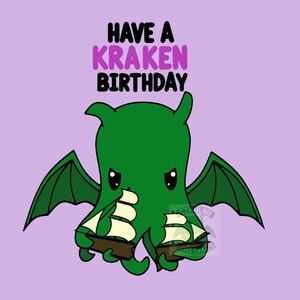 Arquivo digital para download Cartão de aniversário fofo de Cthulhu Kraken, com galeão/navio Cartão de felicitações Nerdy H.P. Mitos de Lovecraft / Chamado de Cthulhu
