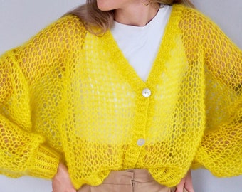 60s mohair cardigan yellow 格子柄 モヘアカーディガン M L 1960s