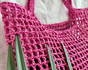 Crochet Raffia Tote Bag: Woven Vegan Shoulder Bag
