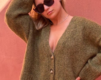 Alpaca and Mohair Cardigan in Green: Soft Handcrafted Knit Wedding Sweater