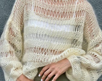 Hand-Knit Mohair Boho Stripe Sweater: Oversized Balloon Sleeves