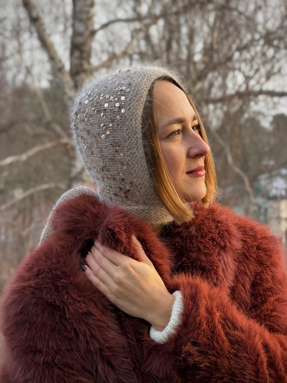 Angora Sequin Knit Bonnet – Bow Tie Wool Balaclava Hood 