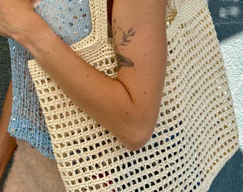 Crochet Raffia Tote Bag: Woven Vegan Shoulder Bag