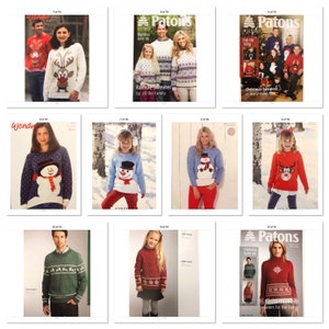 VARIOUS Xmas Sweaters Knitting Patterns-  Family Sizes - Some have LARGER SIZES up to 50in Chest