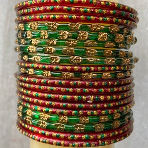 20x Kanch Indian Wedding Bangles Glass Red Green Gold