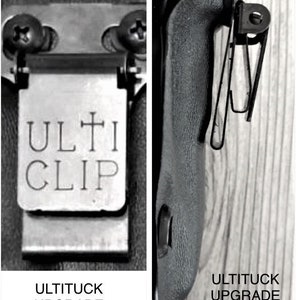 May include: A black leather holster with a metal clip. The clip has the text "ULTI CLIP" engraved on it. The holster has the text "ULTITUCK UPGRADE" printed on the bottom.
