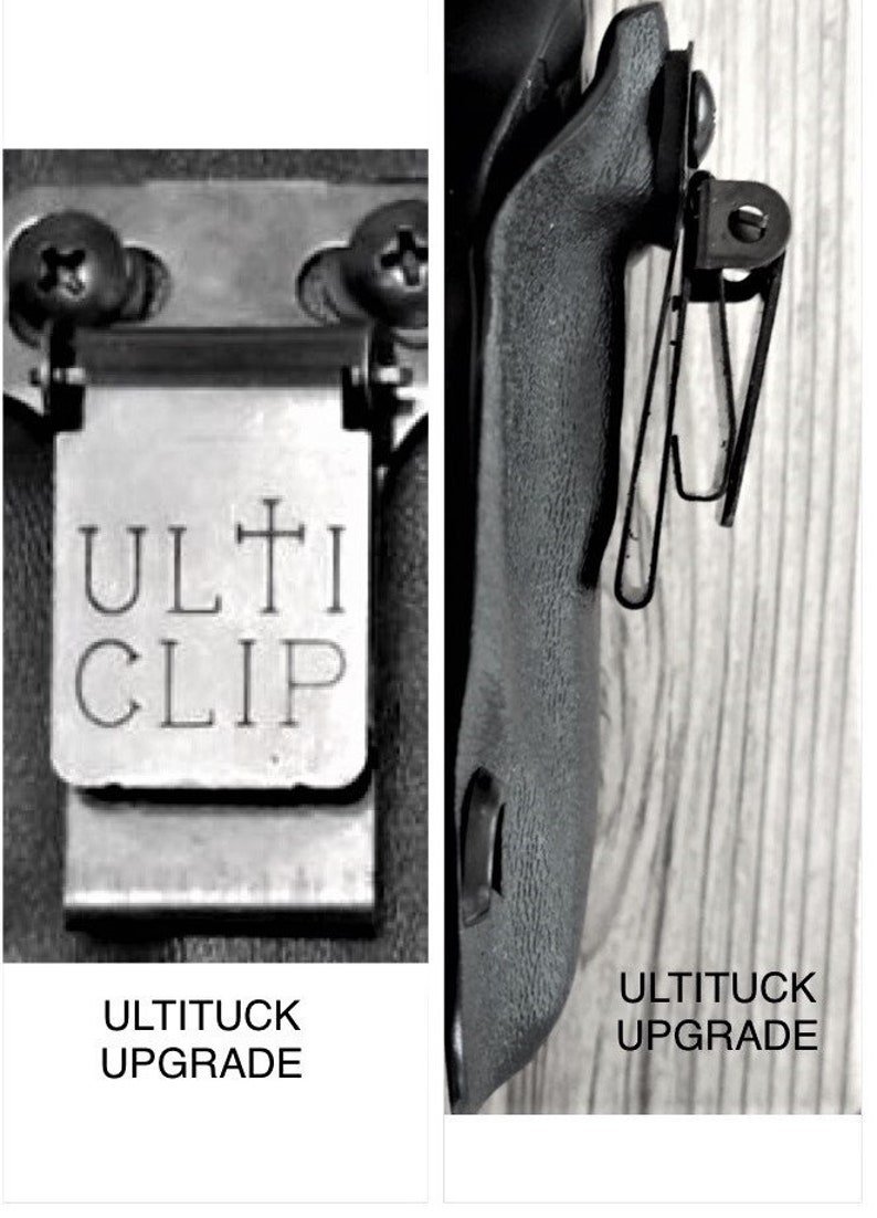 May include: A black leather holster with a metal clip. The clip has the text "ULTI CLIP" engraved on it. The holster has the text "ULTITUCK UPGRADE" printed on the bottom.