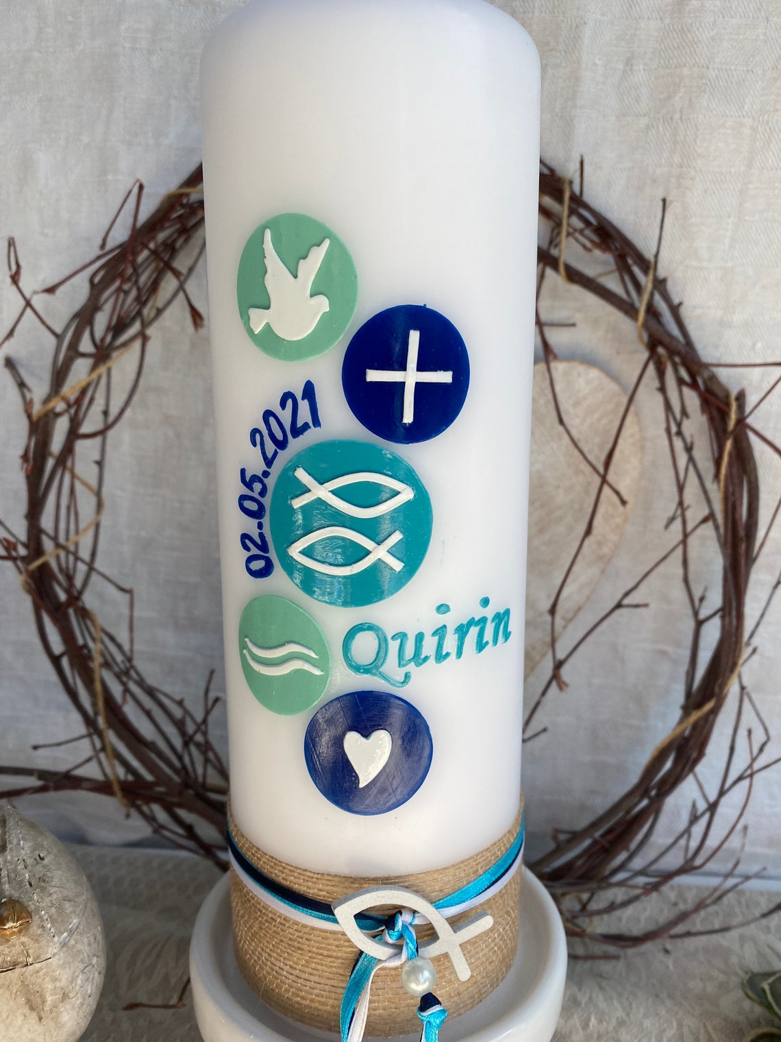 Baptismal candle circles symbols 25 cm white blue turquoise Etsy