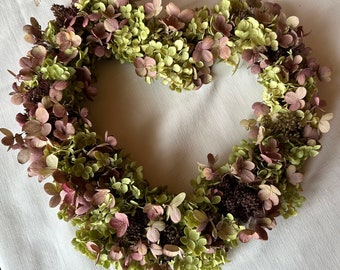 Hortensienkranz 33cm Trockenblumen Herz Kranz rosa altrosa grün Annabelle  Hortensie handgebunden Herbstkranz Mittelgroß