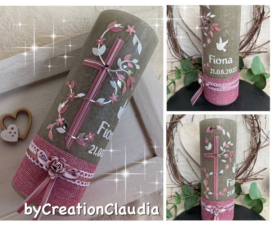 Taufkerze für Mädchen ELLA rosa altrosa rot beere steingrau grau silber ...