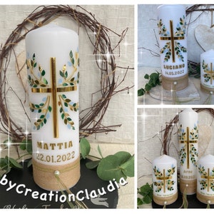 Baptism candle cross tendrils tree of life leaves gold green olive white boys girls modern elegant