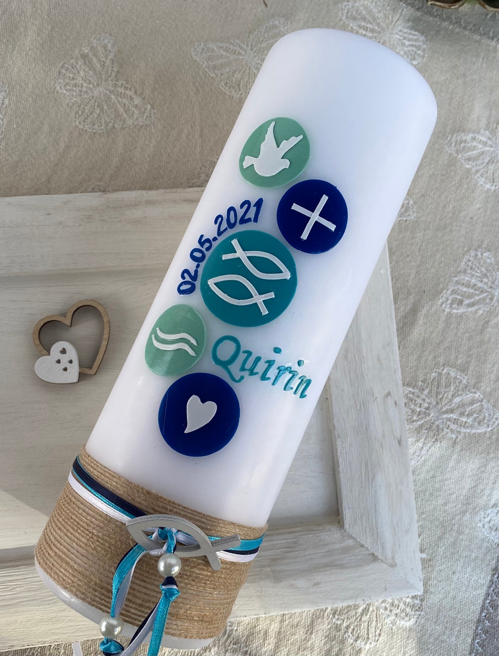 Baptismal candle circles symbols 25 cm white blue turquoise Etsy