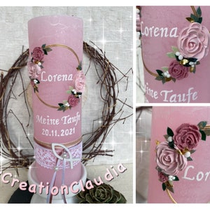 Baptism candle XL Rustic 25 cm Lorena flower circle roses pink old pink My baptism real wax date