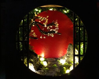 Japanese garden book nook, Japanese inspired shelf insert, Sakura diorama,  Japanese lighted garden, Japan lover gift