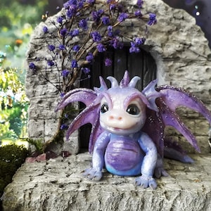 Purple Baby dragon, Cute baby dragon, One of a kind dragon figurine, Dragon Decor, Dragon with flowers and amethyst crystals