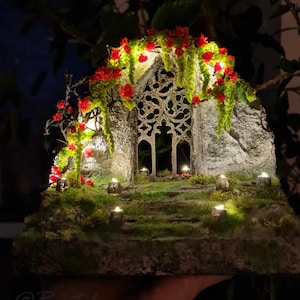 Gothic window, old stone rock landscape, miniature diorama, Miniature shelf decoration