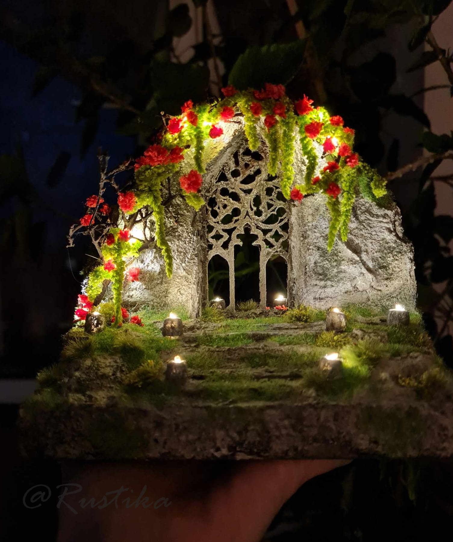 Gothic window, old stone rock landscape, miniature diorama, Miniature shelf decoration