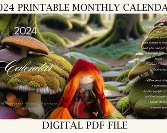 Calendrier mensuel 2024, calendrier téléchargeable A4, calendrier photo imprimable, calendrier fairycore, calendrier fantastique, calendrier de poupées