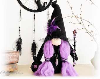 Handmade Witch Gnome Althea: Purple Hair Halloween Decor Doll