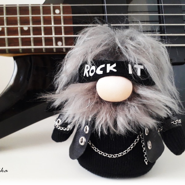 Rock Gnome  - Ozzy, Biker gnome, Black Gnome, Heavy metal gnome, music gift, rock art, funny gifts