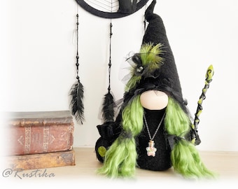 Handmade Witch Gnome Maureen: Green Hair, Magic Wand, Collectible Decoration