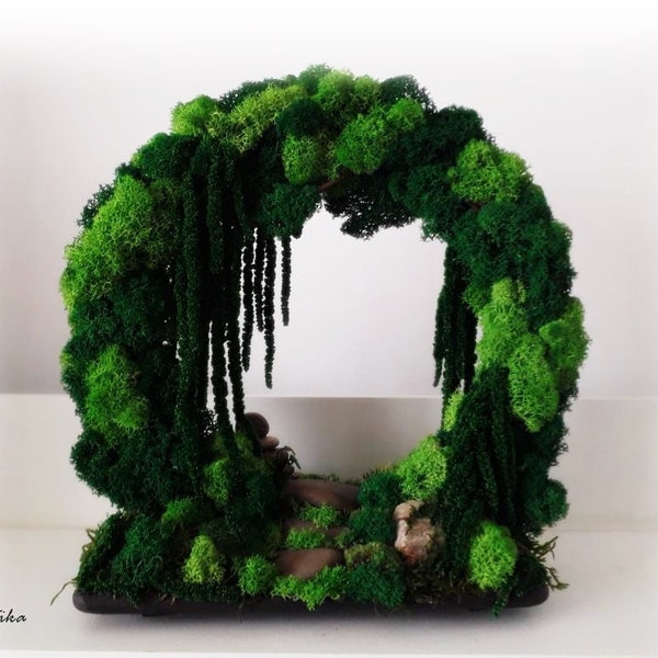 Woodland Moon Gate, Moss decor, Japanese art, Zen decor desk, Table centerpiece, Shelf decor, Zen garden, Natural decoration,green decor