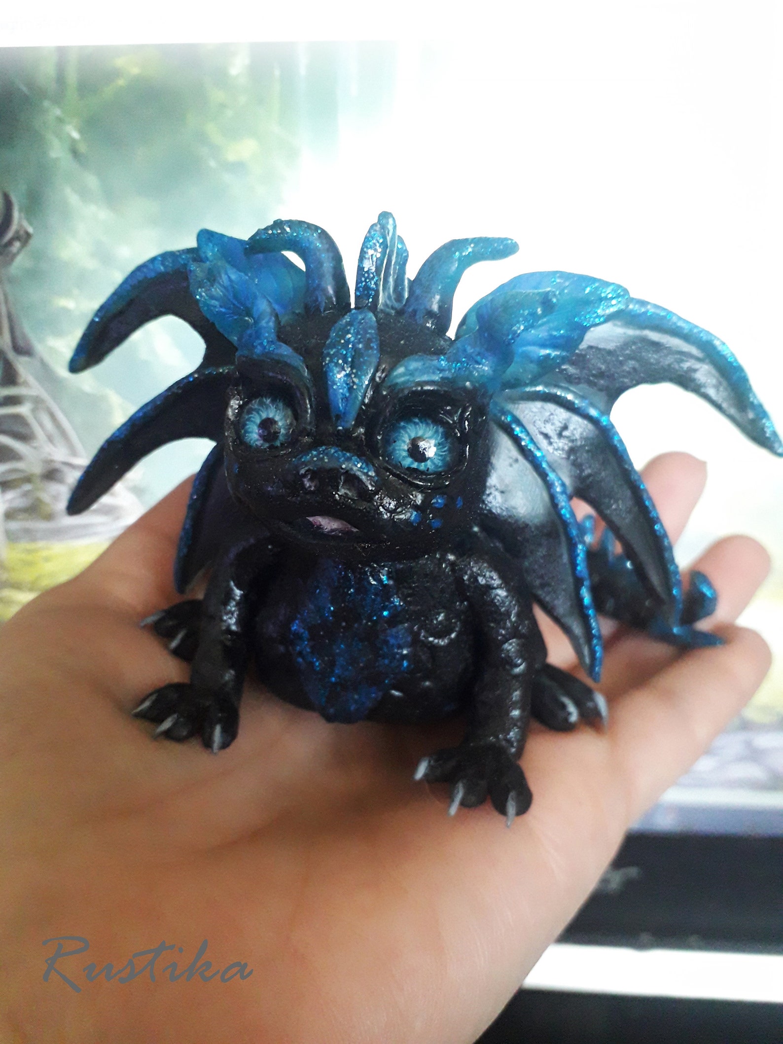 Black Baby Dragon Figurine Miniature Dragon Black and Blue Etsy