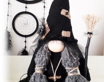 Handmade Gothic Witch Gnome: Black Halloween Decor with Broom