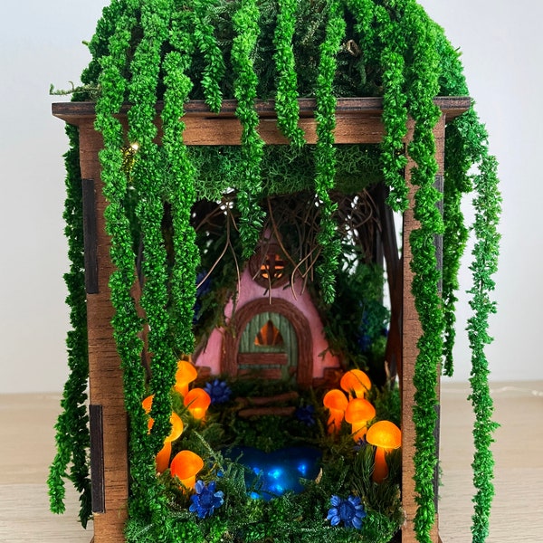 Glowing mushrooms lantern, Fairy garden with pond diorama, Mushroom lights decor, Fairy ring holder